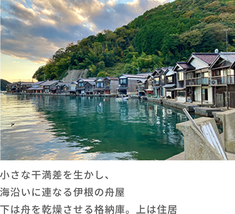 小さな干満差を生かし、海沿いに連なる伊根の舟屋下は舟を乾燥させる格納庫。上は住居